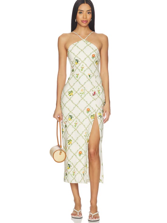 Amanda Uprichard Dresses & Skirts - Revolve Amanda Uprichard Abby Midi Dress Trellis Small Linen Fruit Halter Slit